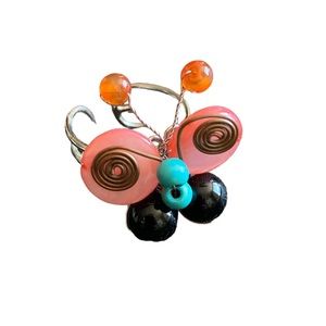 Butterfly Bead and Wirework Adjustable Ring, Pink, Black, Blue, Amber